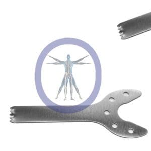 An illustration of a human body within a circle, overlaid on a 26.0 MM X 5.7 MM X 0.64 MM Small Bone Oscillating Blade Madrimed Style – OSSOMM-8501f, with forceps partially visible at the top right.