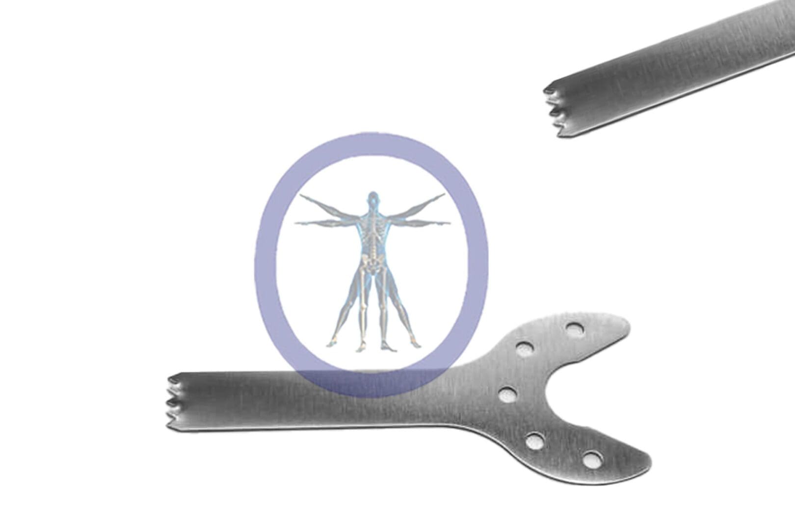 An illustration of a human body within a circle, overlaid on a 26.0 MM X 5.7 MM X 0.64 MM Small Bone Oscillating Blade Madrimed Style – OSSOMM-8501f, with forceps partially visible at the top right.
