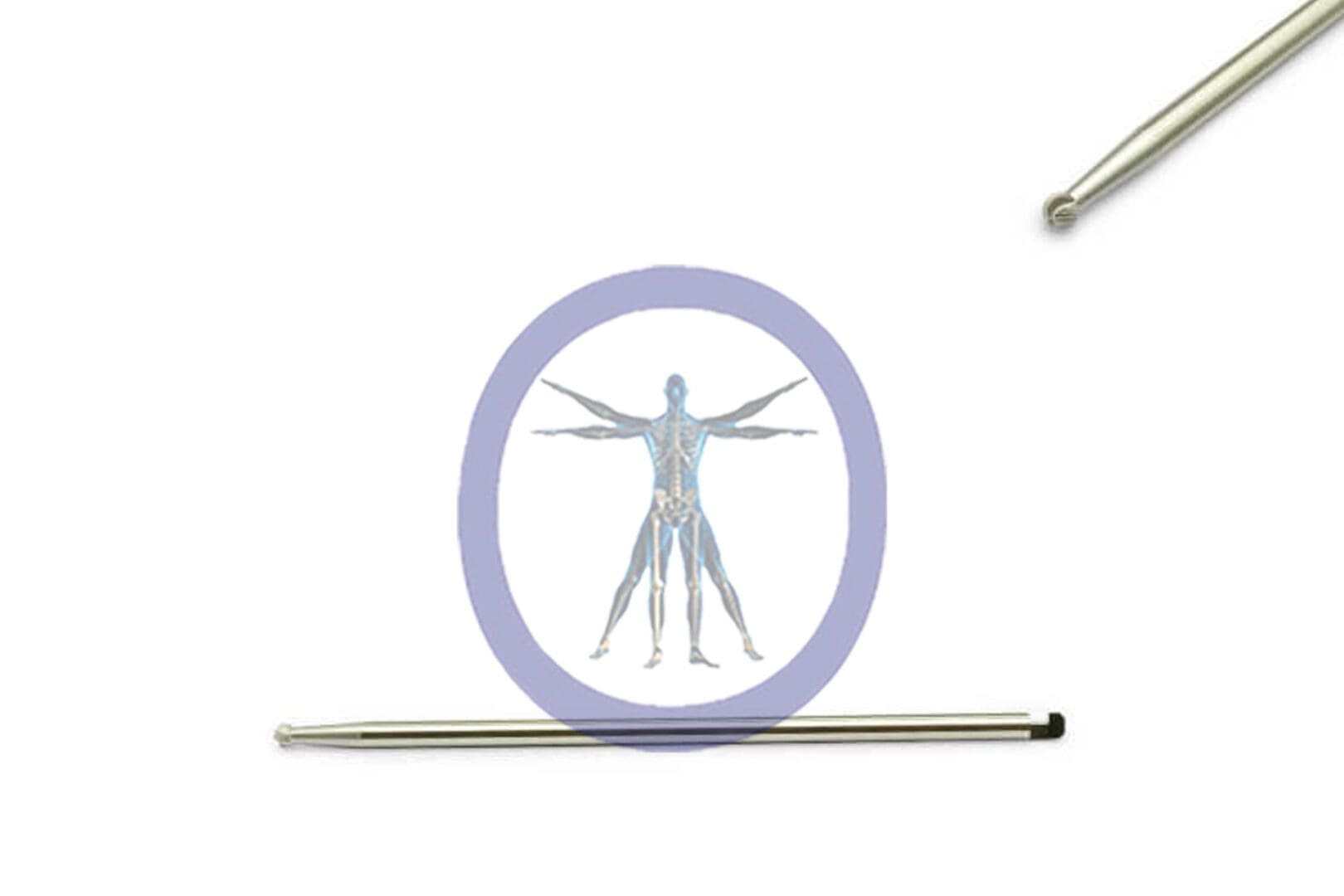 A vitruvian man illustration inside a purple circle next to two Round Bur 2.0 MM 6 Flute Stainless Steel J-Notch Long – OSSR2070N pens on a white background.