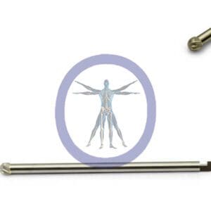A Round Bur 3.0 MM 8 Flute Carbide J-Notch Medium – OSSR30-51N illustration inside a circle, flanked by two horizontal metal rods, all against a white background.