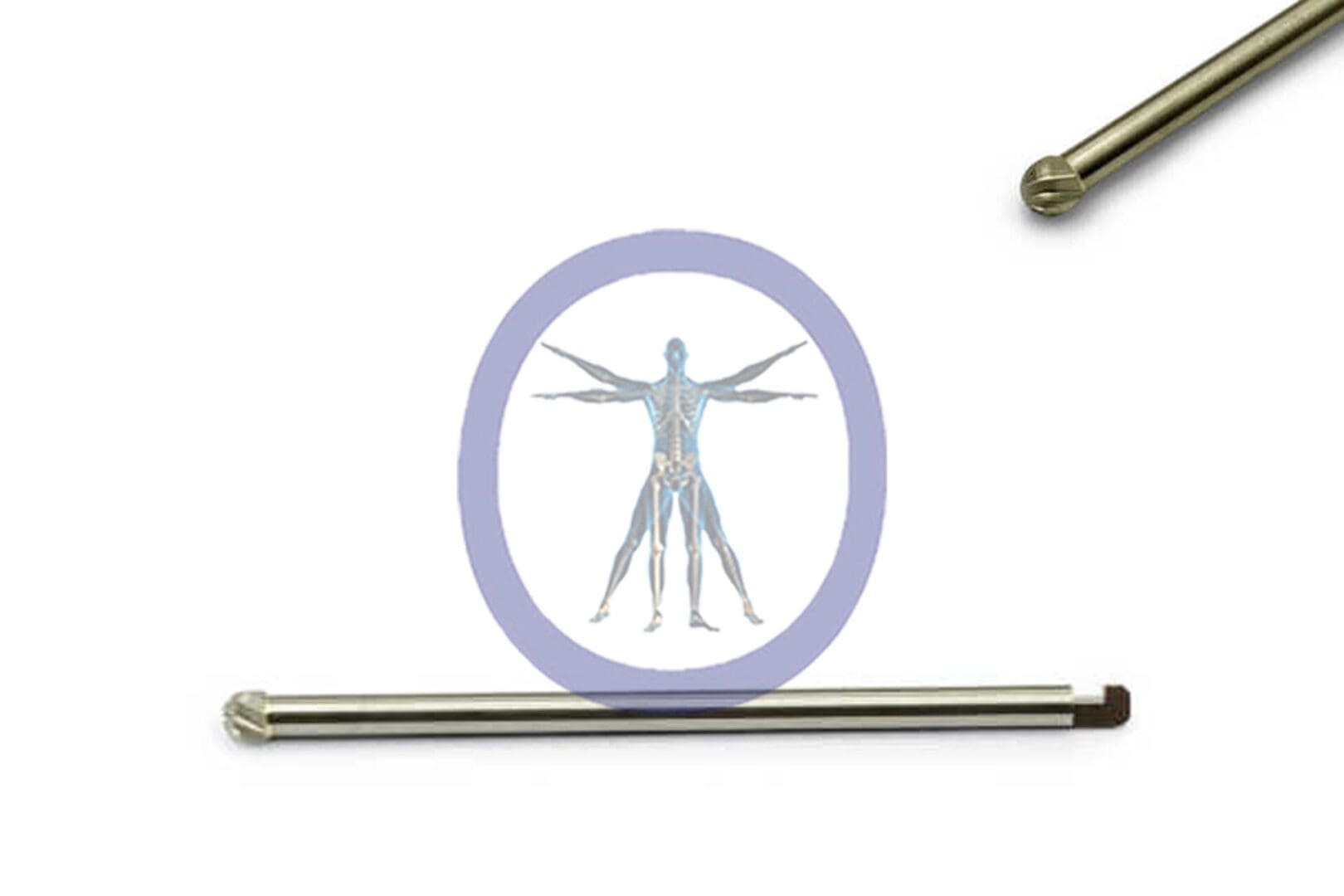 A Round Bur 3.0 MM 8 Flute Carbide J-Notch Medium – OSSR30-51N illustration inside a circle, flanked by two horizontal metal rods, all against a white background.
