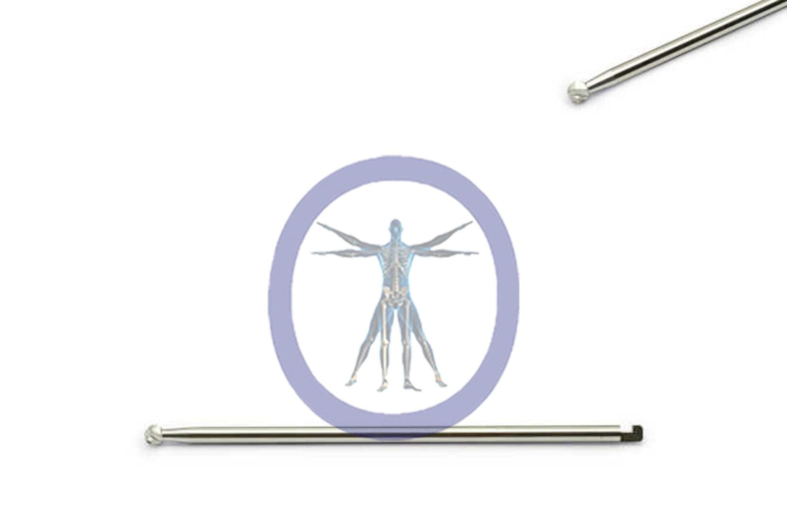 A stylized image of a human figure with a skeletal structure visible inside, centered within a purple circle, flanked by two Round Bur 3.5 MM 6 Flute Stainless Steel J-Notch Long – OSSR3570N rods.