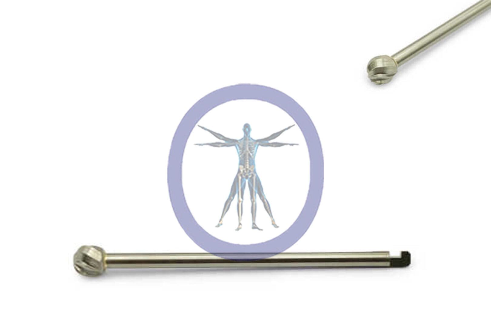 Anatomical human figure in a circle between two Round Bur 4.0 MM 8 Flute Carbide J-Notch Medium – OSSR40-51N on a white background.