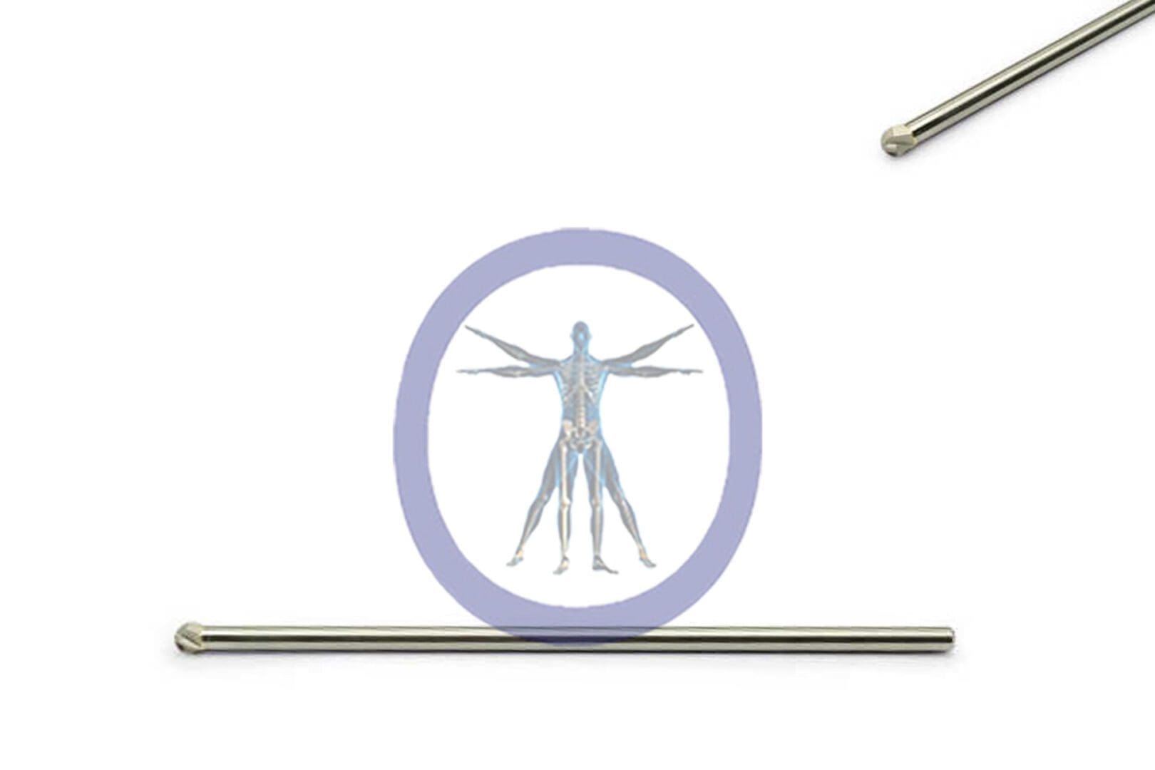 Medical illustration of a humanoid figure with visible skeletal structure inside a Round Bur 5.0 MM 8 Flute stainless steel straight shaft long, flanked by two metal rods on a white background.