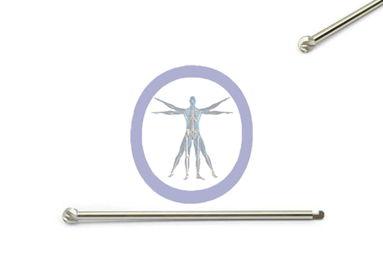 Illustration of a human anatomy diagram in a circle, surrounded by Round Bur 5.0 MM 8 Flute Stainless Steel J-Notch Long – OSSR5070N on a plain background.