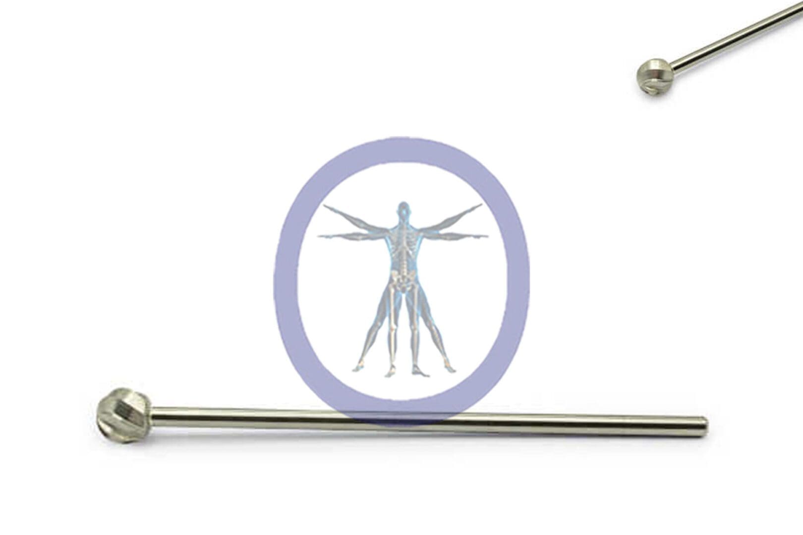 Round Bur 7.0 MM 8 Flute Stainless Steel Straight Shaft Long – OSSR7070 focusing on a vitruvian man illustration, flanked by two dissecting probes on a white background.