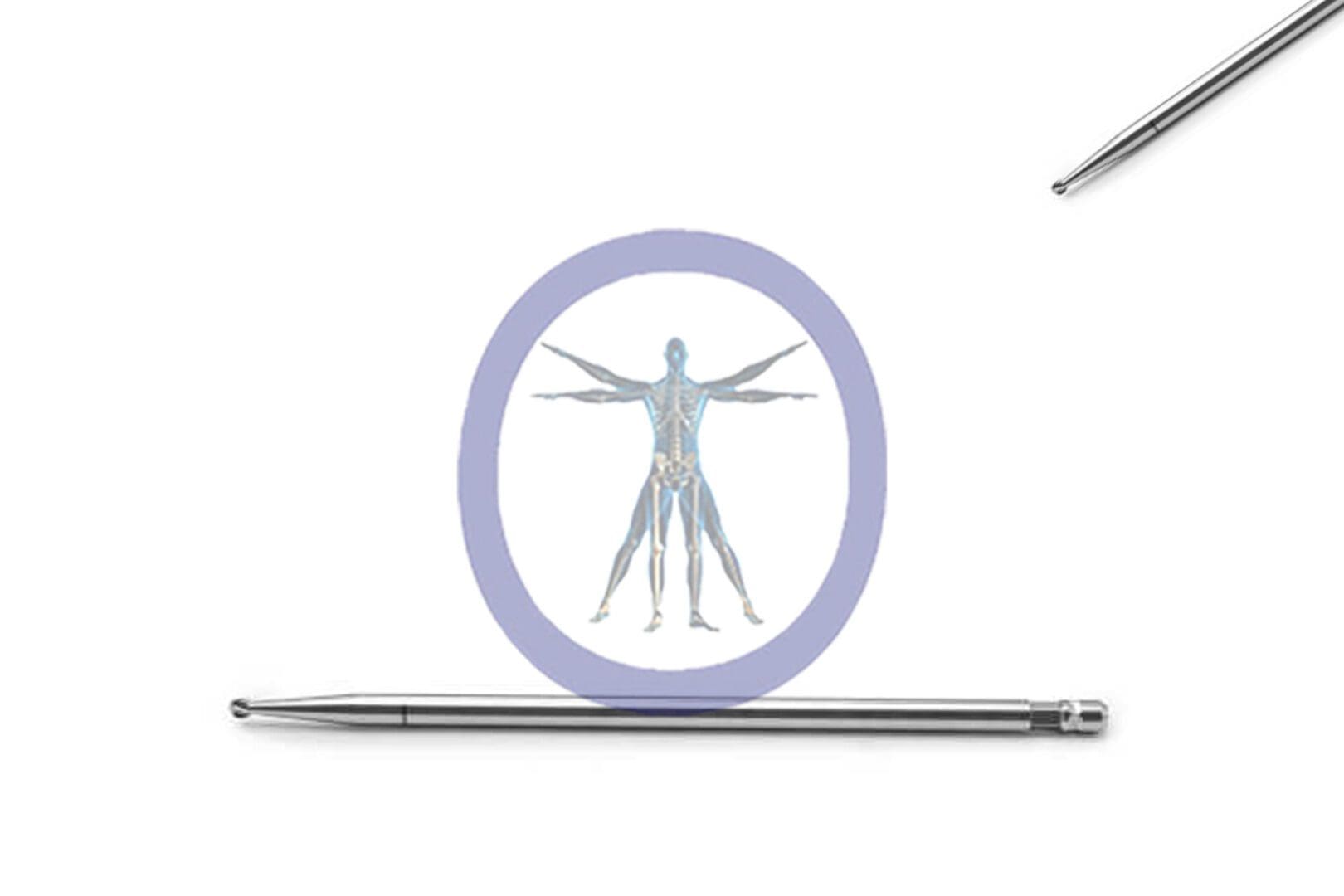 A stylized image of a Round Bur 3.0 MM 6 Flute Neuro Stainless Steel TPS-Notch / Ultrapower Medium – OSSROPS2030, situated between two silver metallic pens on a white background.