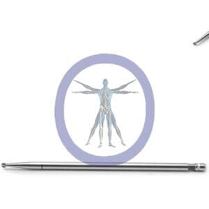 Illustration of Round Bur 4.0 MM 8 Flute Neuro Stainless Steel TPS-Notch / Ultrapower Medium by leonardo da vinci in a purple circle, flanked by two metallic pens, on a white background.