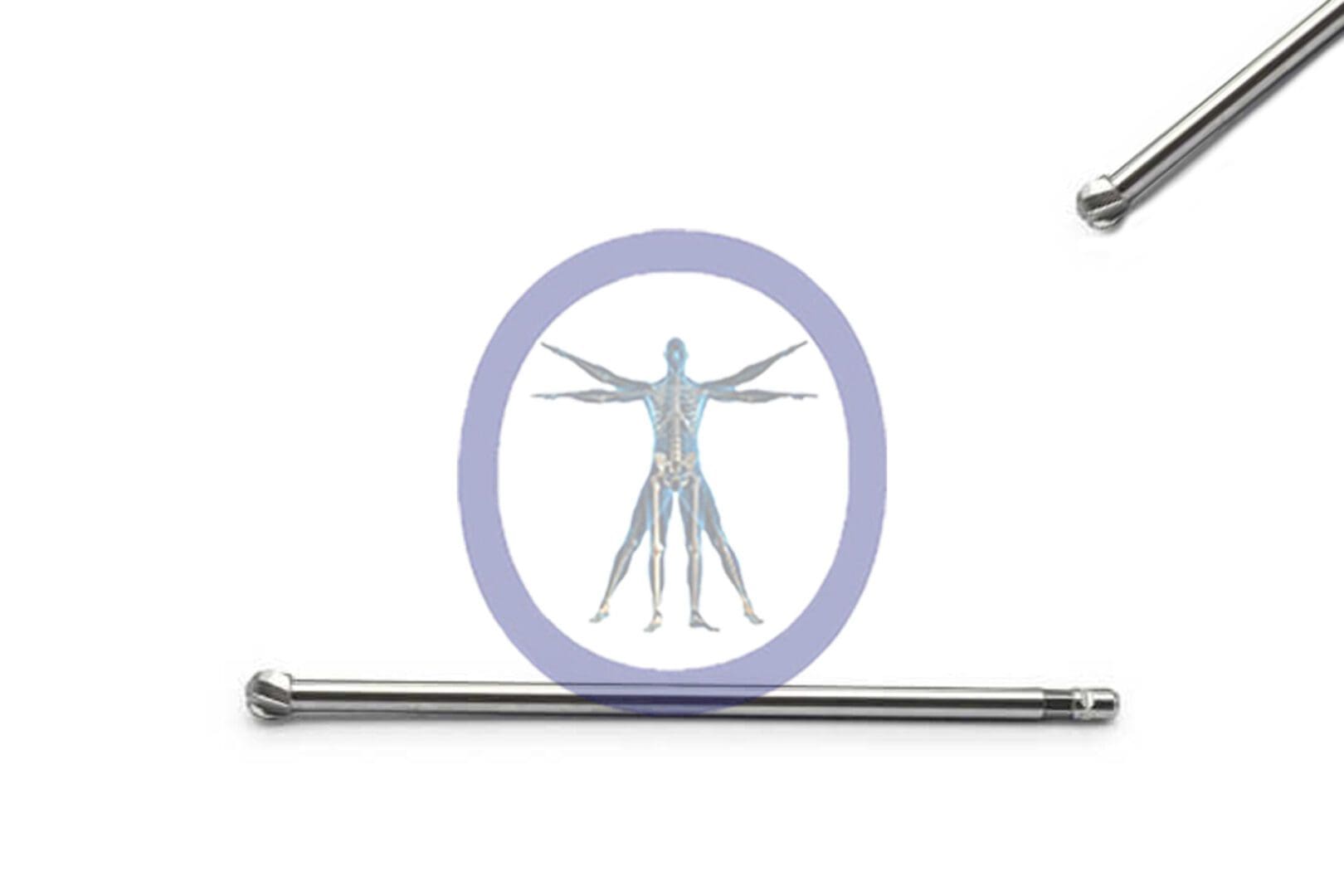 Anatomical illustration of a human body within a circle, flanked by two Round Bur 5.0 MM 8 Flute Neuro Stainless Steel TPS-Notch / Ultrapower Medium rods, on a plain white background.
