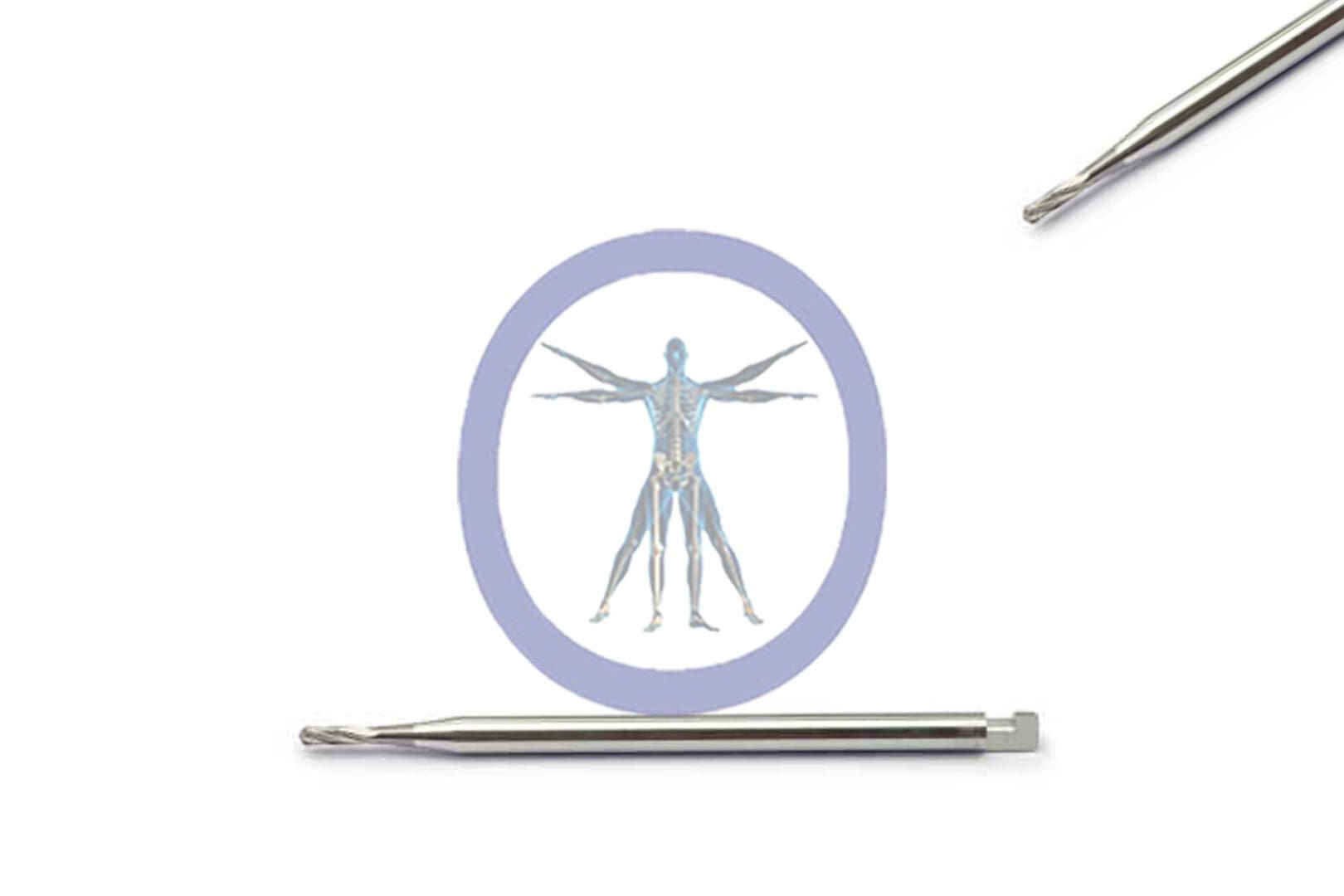 A Side Cutting Bur, Straight 1.2 MM 6 Flute Carbide J-Notch Medium illustration inside a purple circle, positioned between two silver pens against a white background.