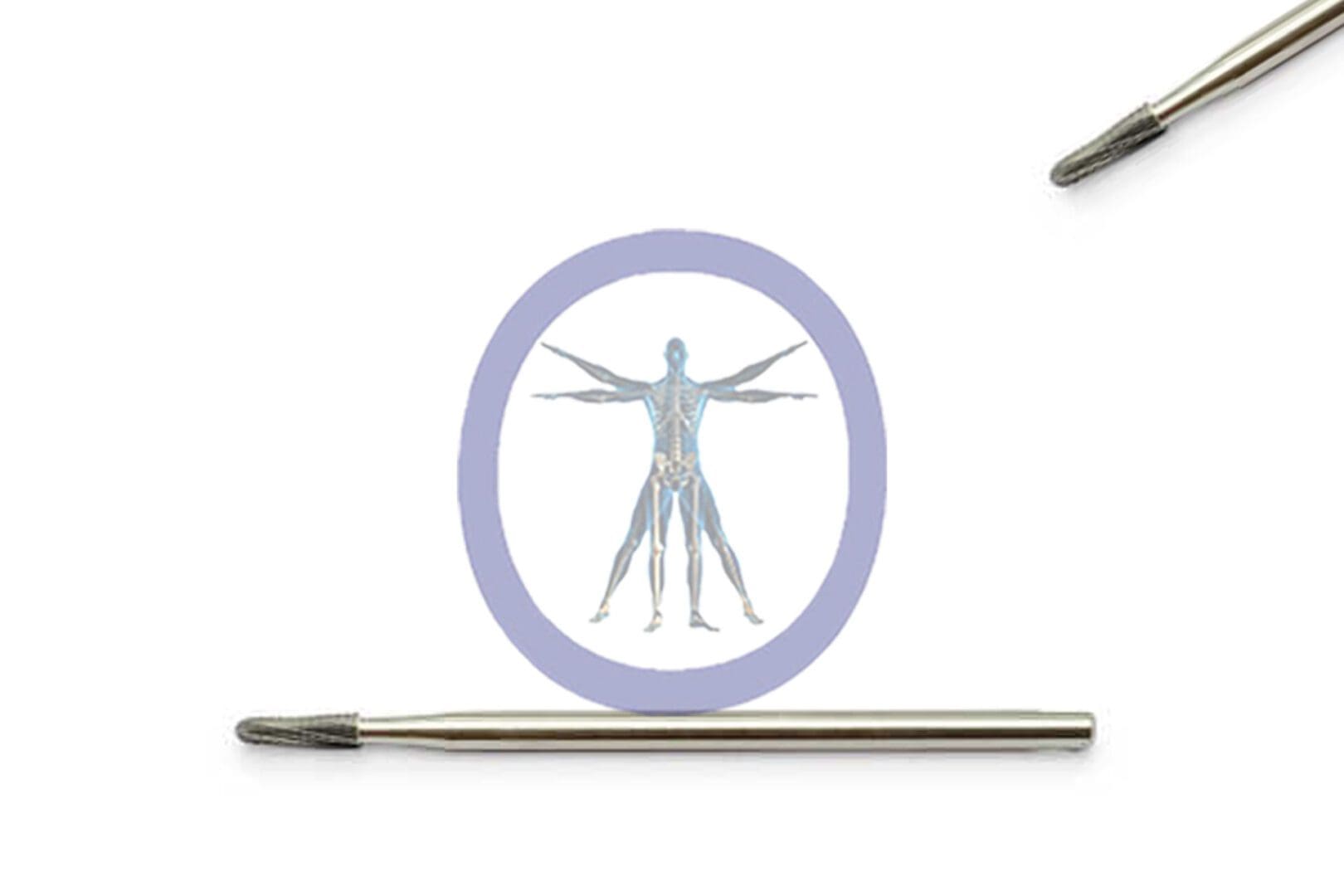 Two Side Cutting Burs, Tapered 2.1 MM 6 Flute Carbide Straight Shafts positioned horizontally, one above and one below a vitruvian man design inside a purple circle on a white background.