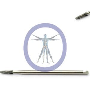 Two Side Cutting Bur, Tapered 2.1 MM 6 Flute Carbide J-Notch placed horizontally on either side of a circular illustration featuring a humanoid figure with extended arms.