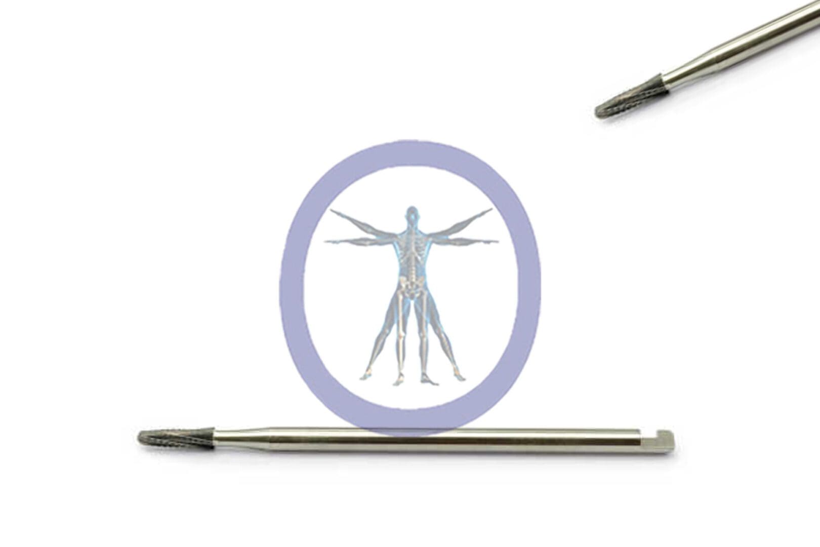 Two Side Cutting Bur, Tapered 2.1 MM 6 Flute Carbide J-Notch placed horizontally on either side of a circular illustration featuring a humanoid figure with extended arms.