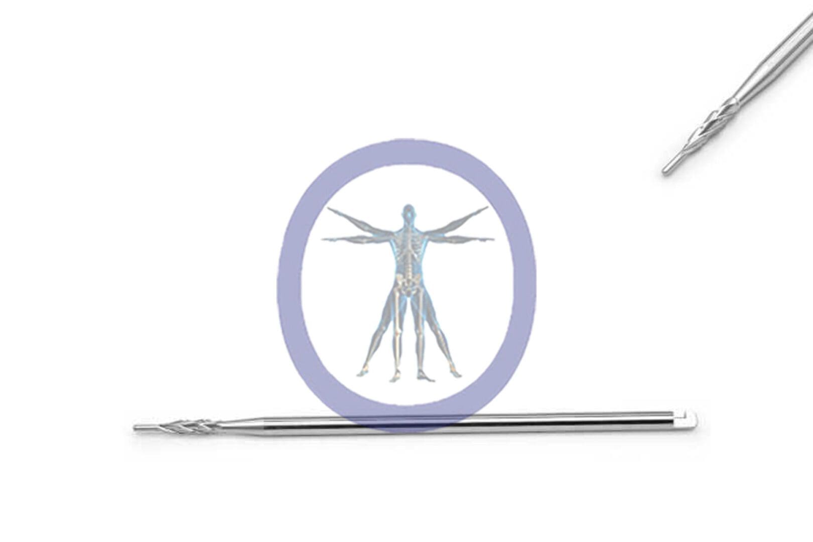 A medical illustration of a human anatomy displayed inside a circular frame, with a Swanson Bur, Pilot Point 2.0 MM 4 Flute Stainless Steel J-Notch Long lying next to it on a plain white background.