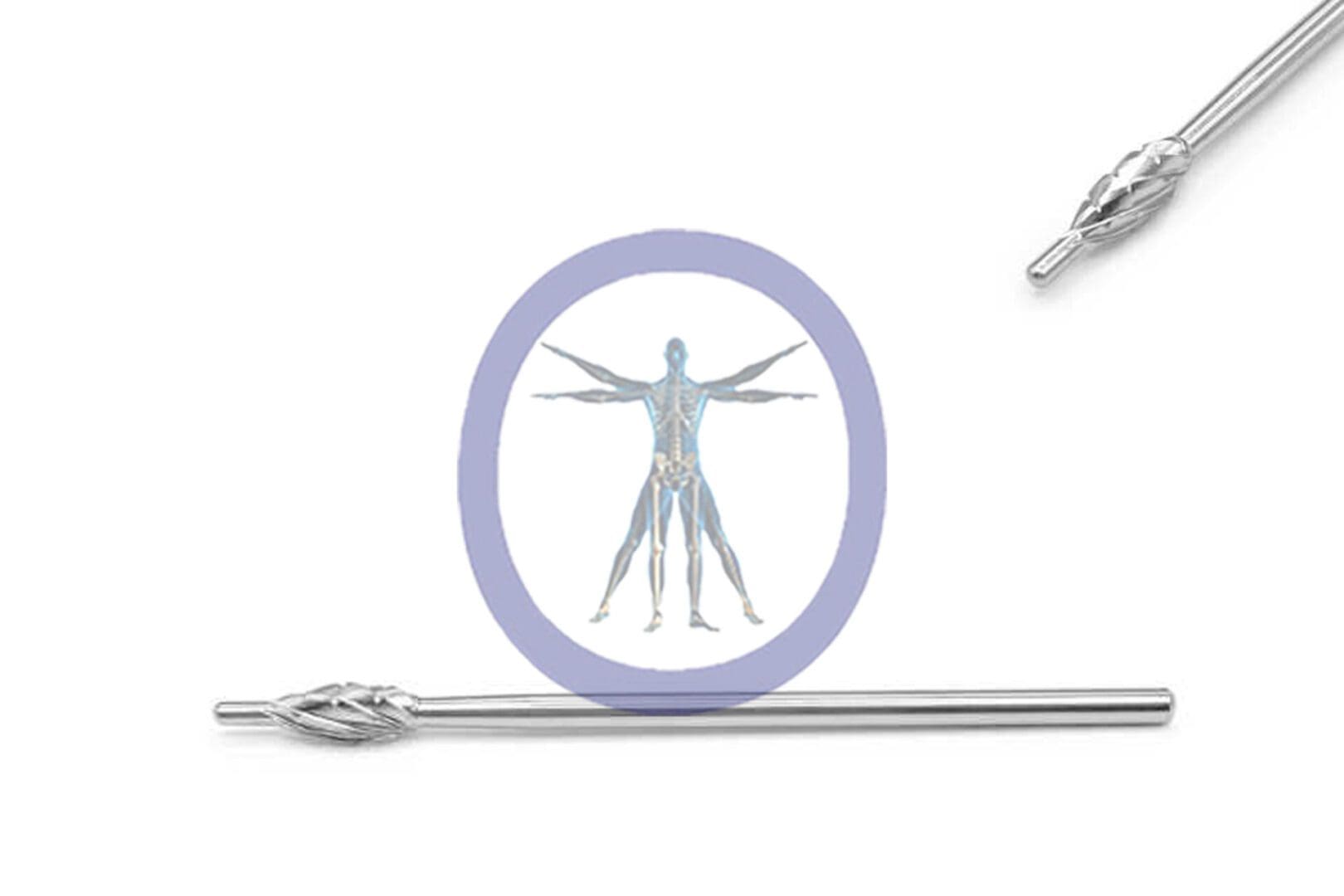 Illustration depicting the vitruvian man inside a circle, flanked by two Swanson Bur, Pilot Point 3.0 MM 5 Flute Stainless Steel Straight Shaft Long on a plain white background.