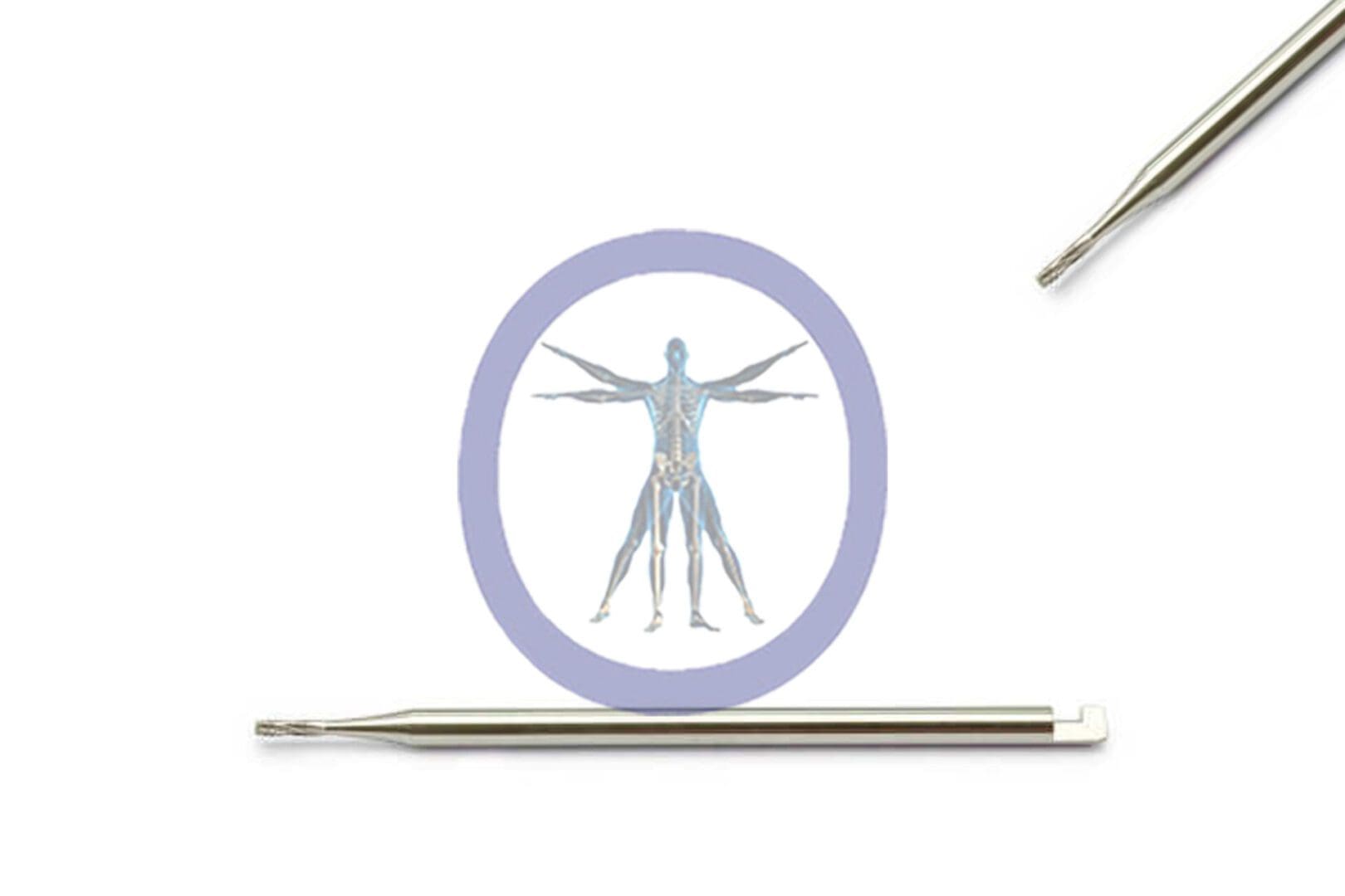 A depiction of the Side Cutting Bur, Straight 1.0 MM 6 Flute Carbide Straight Shaft inside a purple circle, with two metal rods on the right side, on a white background.