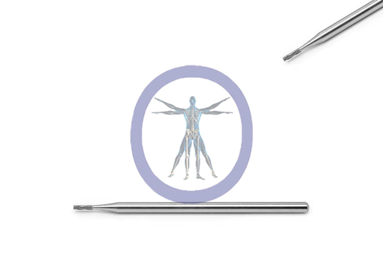 A vitruvian man illustration inside a side cutting bur, flanked by two metallic pens, on a white background.