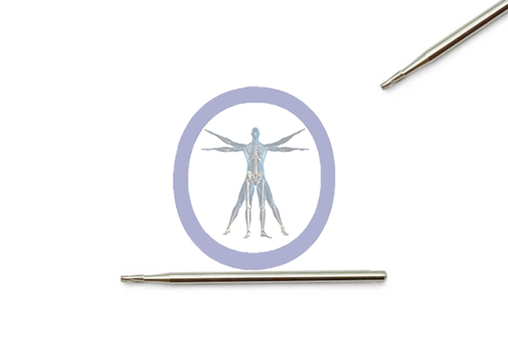 Two Side Cutting Bur, Tapered 0.9 MM 6 Flute Carbide Straight Shaft Medium near a circular illustration of the vitruvian man on a white background.