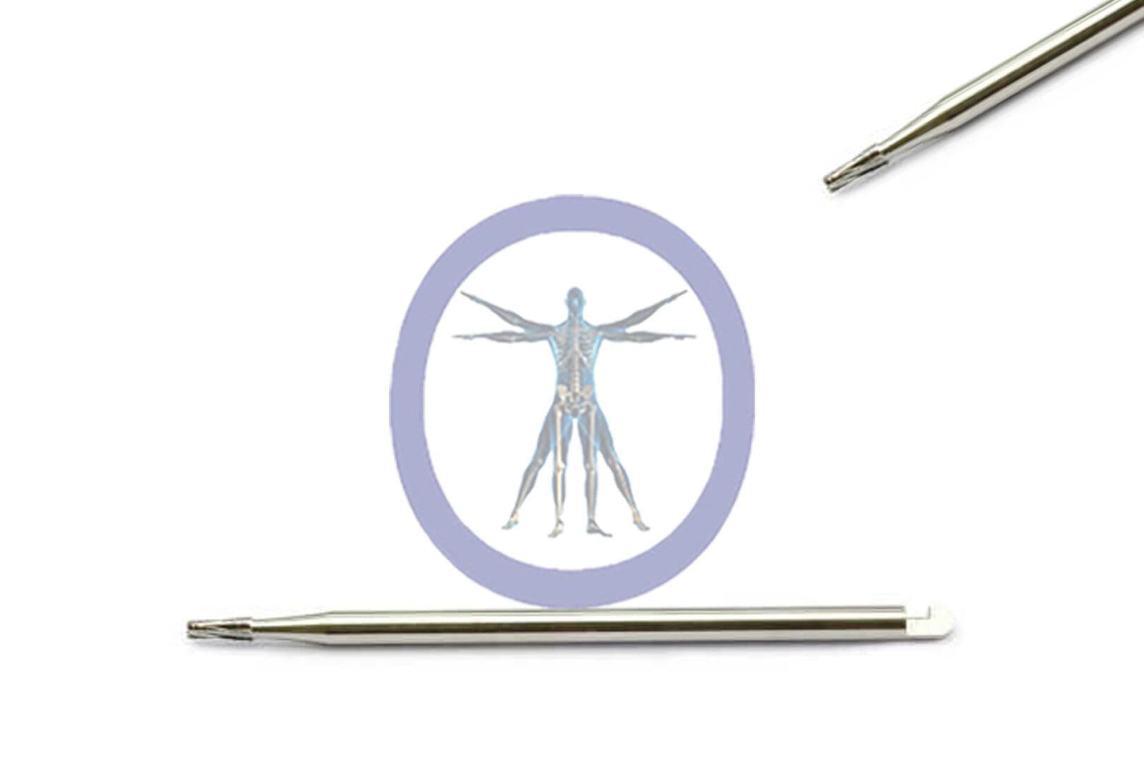 Two Side Cutting Bur, Tapered 0.9 MM 6 Flute Carbide J-Notch Medium lying parallel on a white surface next to a circular sticker featuring da vinci’s vitruvian man illustration.