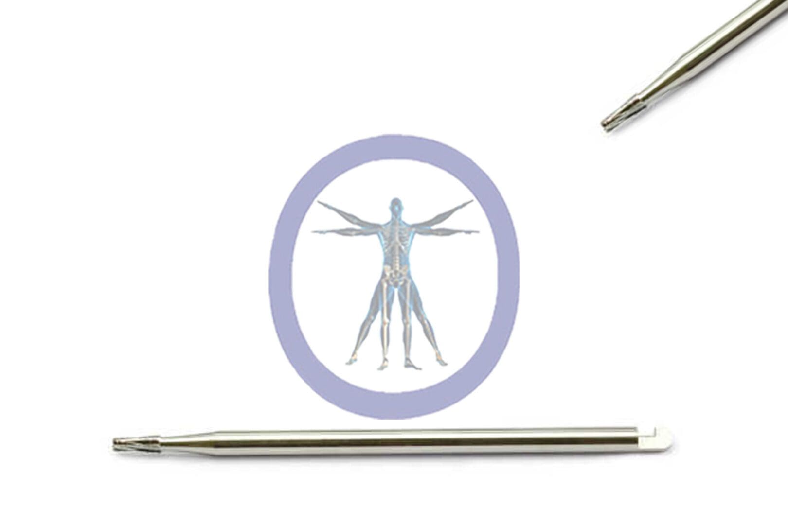 Anatomical illustration of a human body within a purple circle, flanked by two Side Cutting Burs, Tapered 1.6 MM 6 Flute Carbide J-Notch Medium, against a white background.