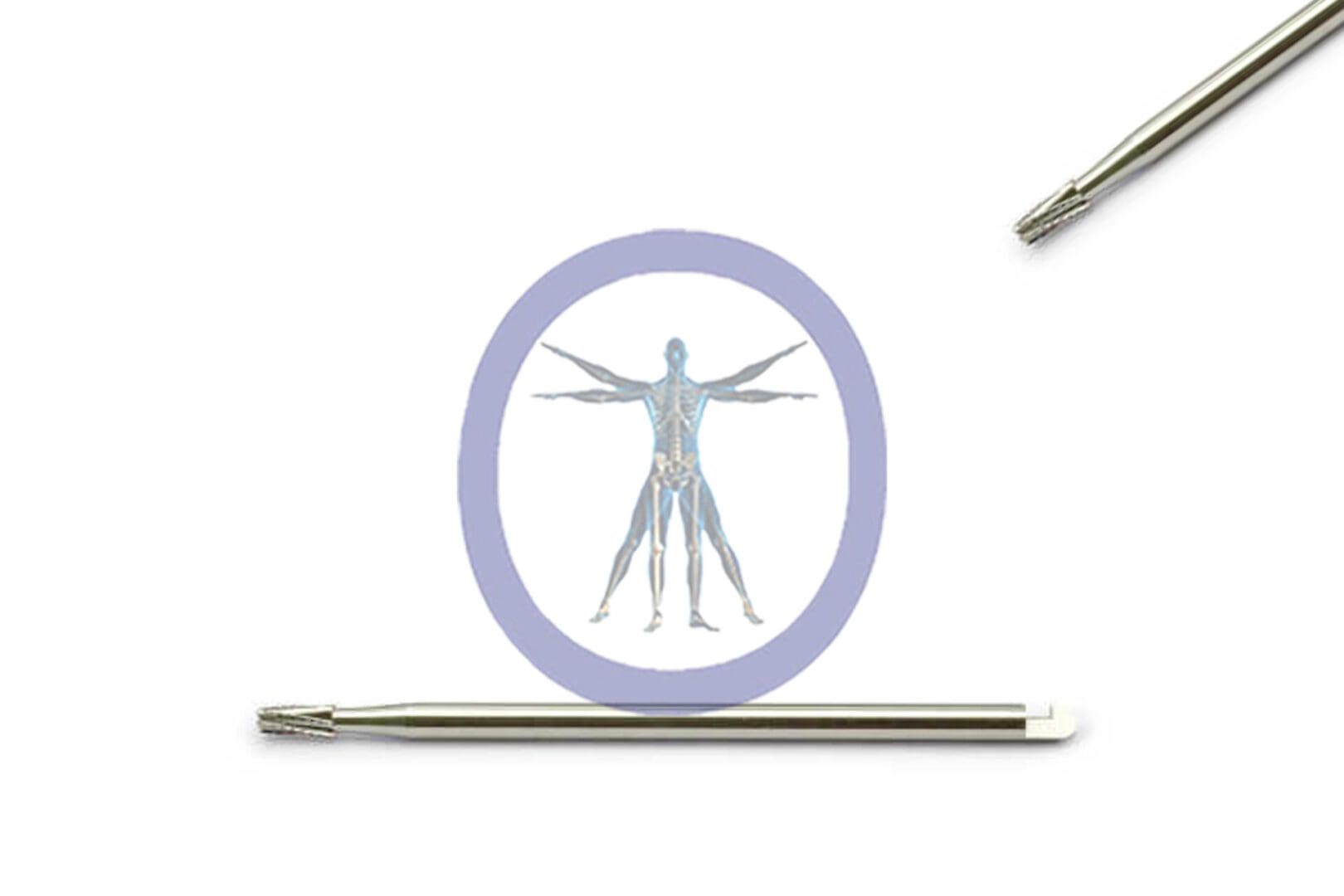 Illustration of the Side Cutting Bur, Tapered 2.1 MM 6 Flute Carbide Straight Shaft Medium inside a purple circle, flanked by two mechanical pencils, on a white background.