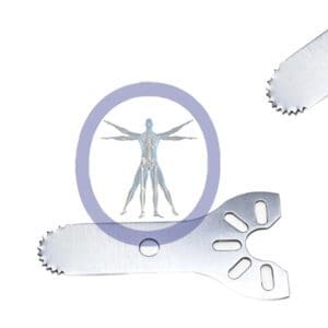 Magnifying glass focusing on a human anatomy illustration, superimposed on a 18.5 MM X 6.6 MM X 0.48 MM Small Bone Sagittal Blade – Stryker TPS Hub – OSSSM-3051 with intricate cutouts.