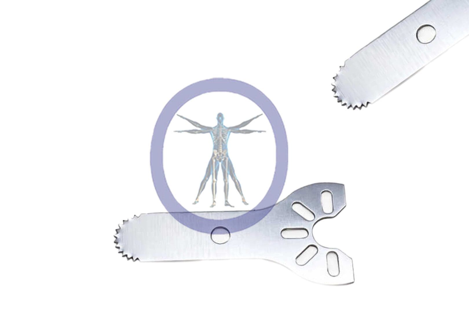 Magnifying glass focusing on a human anatomy illustration, superimposed on a 18.5 MM X 6.6 MM X 0.48 MM Small Bone Sagittal Blade – Stryker TPS Hub – OSSSM-3051 with intricate cutouts.