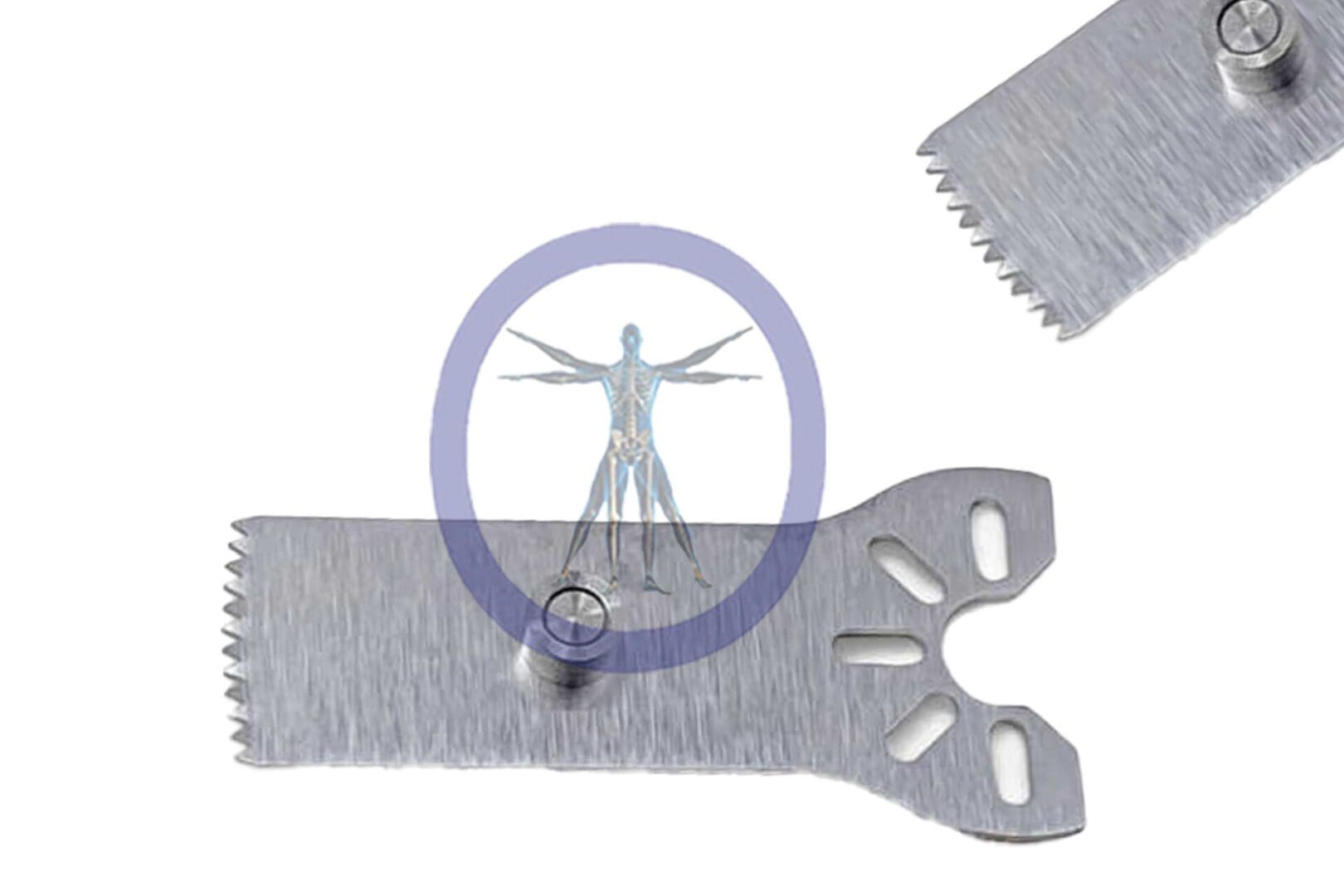 Digital artwork depicting a tiny, translucent blue human figure standing on the 18.5 MM X 9.0 MM X 0.48 MM Sagittal Small Bone Sagittal Blade W/Stop, encircled by a purple outline, with a detached saw blade segment nearby.