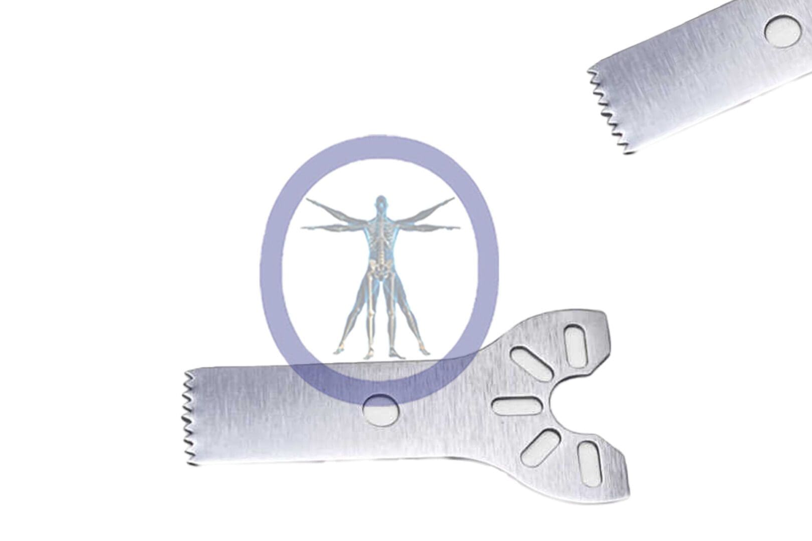 An illustration of a human anatomy displayed within a magnifying glass, superimposed over an 18.5 MM X 7.0 MM X 0.48 MM Small Bone Sagittal Blade – Stryker TPS Hub – OSSSM-3114.
