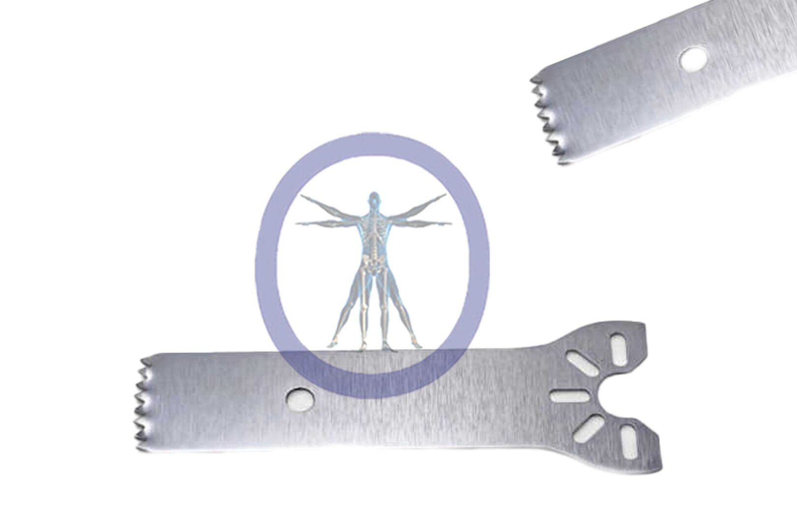 Image of a Small Bone Sagittal Blade with a circular inset displaying a vitruvian man diagram, symbolizing a blend of technology and human anatomy.
