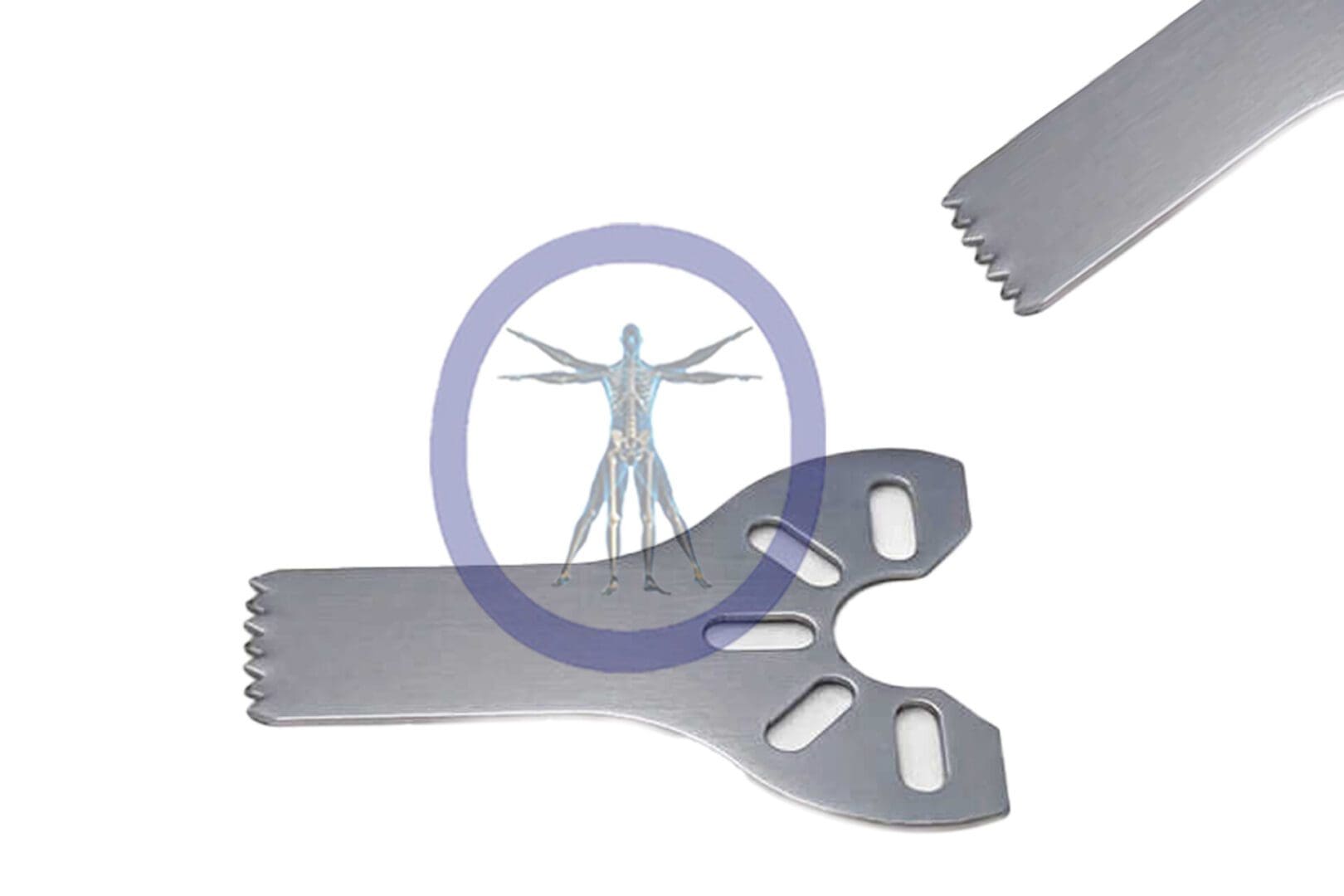 Illustration of a human anatomy model superimposed over a 11.5 MM X 5.5 MM X 0.43 MM Small Bone Sagittal Blade – Stryker TPS Hub – OSSSM-3410 with a knife blade extended, set against a white background.