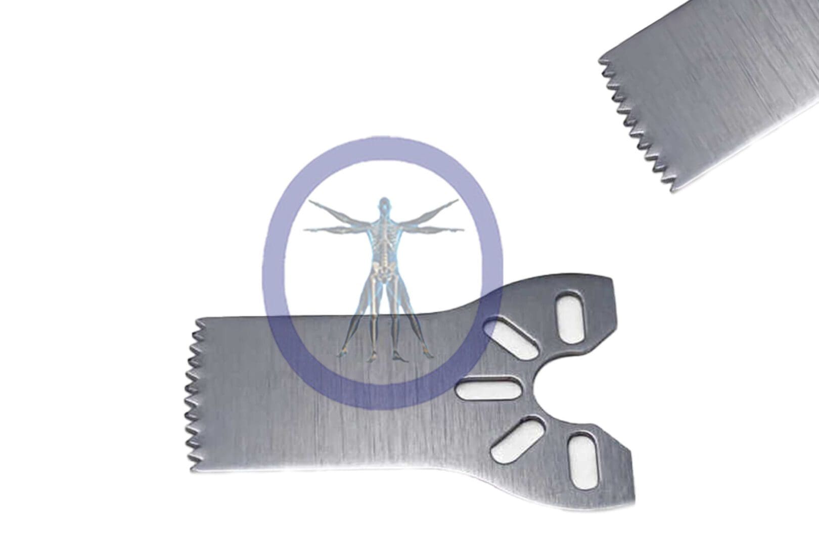 Da Vinci's Vitruvian man, superimposed in a circle, contrasts with an 11.5 MM X 9.0 MM X 0.43 MM Small Bone Sagittal Blade - Stryker TPS Hub - OSSSM-3411, emphasizing a blend of art and industry.