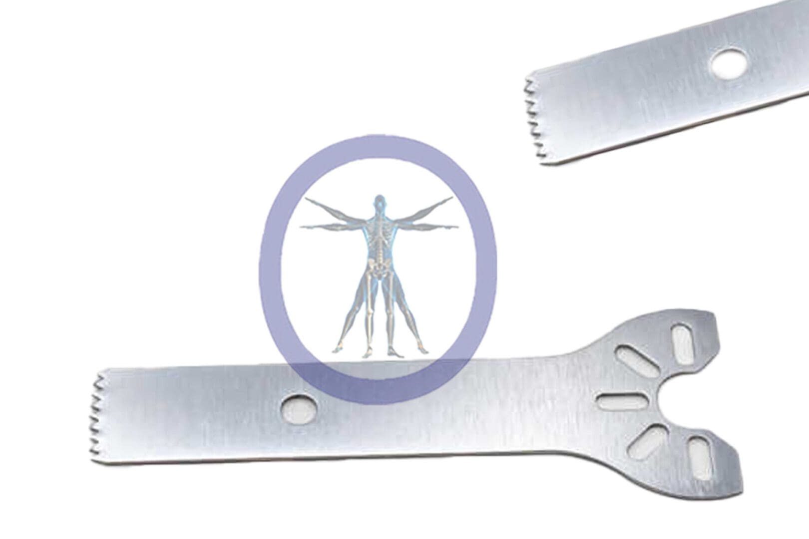 Anatomical illustration of a human within a circle, superimposed on an image of two 25.0 MM X 5.5 MM X 0.43 MM Small Bone Sagittal Blades – Stryker TPS Hub – OSSSM-3414.