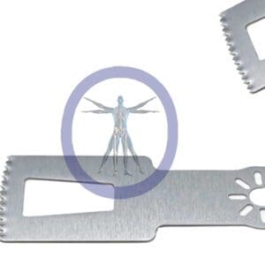 Human anatomical diagram superimposed on a 40.0 MM X 19.1 MM X 0.64 MM Small Bone Sagittal Blade – Stryker TPS Hub – OSSSM-3819, isolated on a white background.