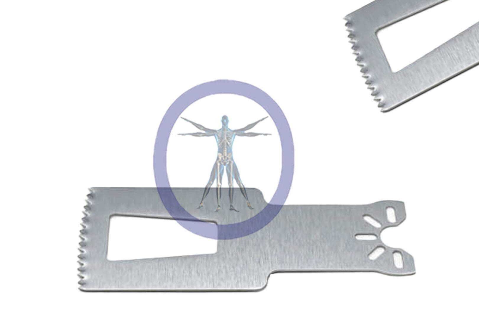 Human anatomical diagram superimposed on a 40.0 MM X 19.1 MM X 0.64 MM Small Bone Sagittal Blade – Stryker TPS Hub – OSSSM-3819, isolated on a white background.