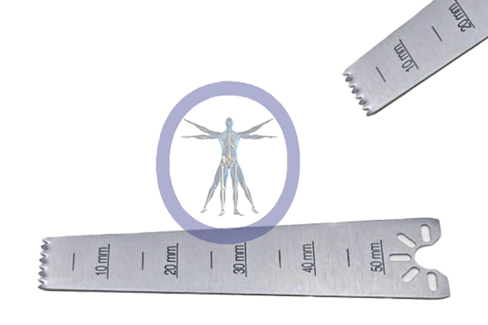 A 50.0 MM X 9.0 MM X 0.61 MM Small Bone Sagittal Blade – Stryker TPS Hub – OSSSM-5009 with measurement markings, overlaid by a circular image showing a diagram of a human circulatory and skeletal system.