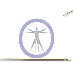 A stylized image of a human figure in a vitruvian man pose, enclosed in a purple circle, with two Round Bur 1.0 MM Diamond Xomed Medium on the right side.