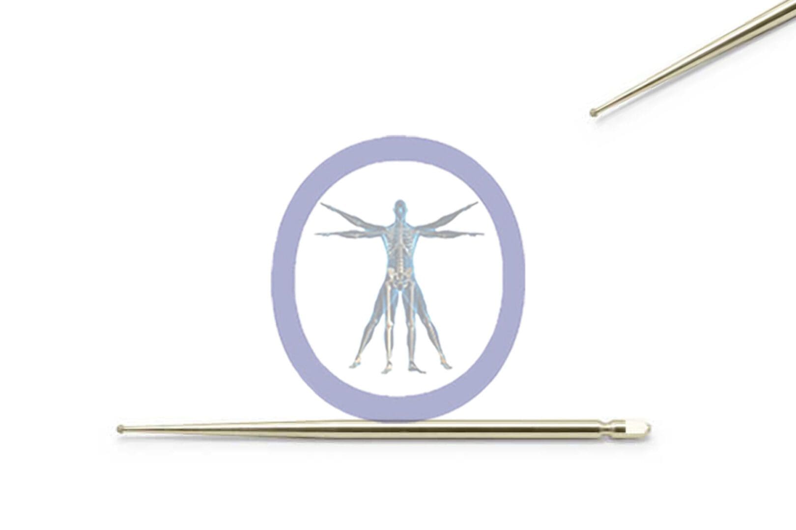 A stylized image of a human figure in a vitruvian man pose, enclosed in a purple circle, with two Round Bur 1.0 MM Diamond Xomed Medium on the right side.