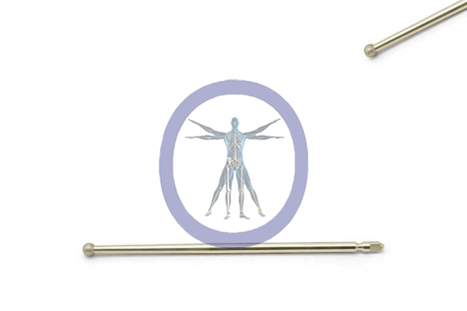 A Round Bur 2.0 MM Diamond Xomed Medium illustration centered in a purple circle, flanked by two horizontal golden rods on a white background.