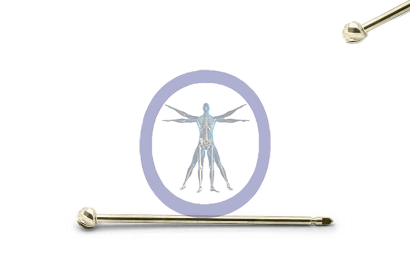 Illustration of a Round Bur 4.0 MM 8 Flute Carbide Xomed Medium enclosed in a purple circle between two metallic rods with spherical ends.