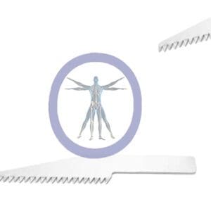 Human anatomy illustration centered within a circular frame, flanked by stylized jagged edges on either side, suggesting a mechanical context with the 26.0 MM X 0.59 MM Small Bone Reciprocating Blade Conmed Style – OSSZM-020.
