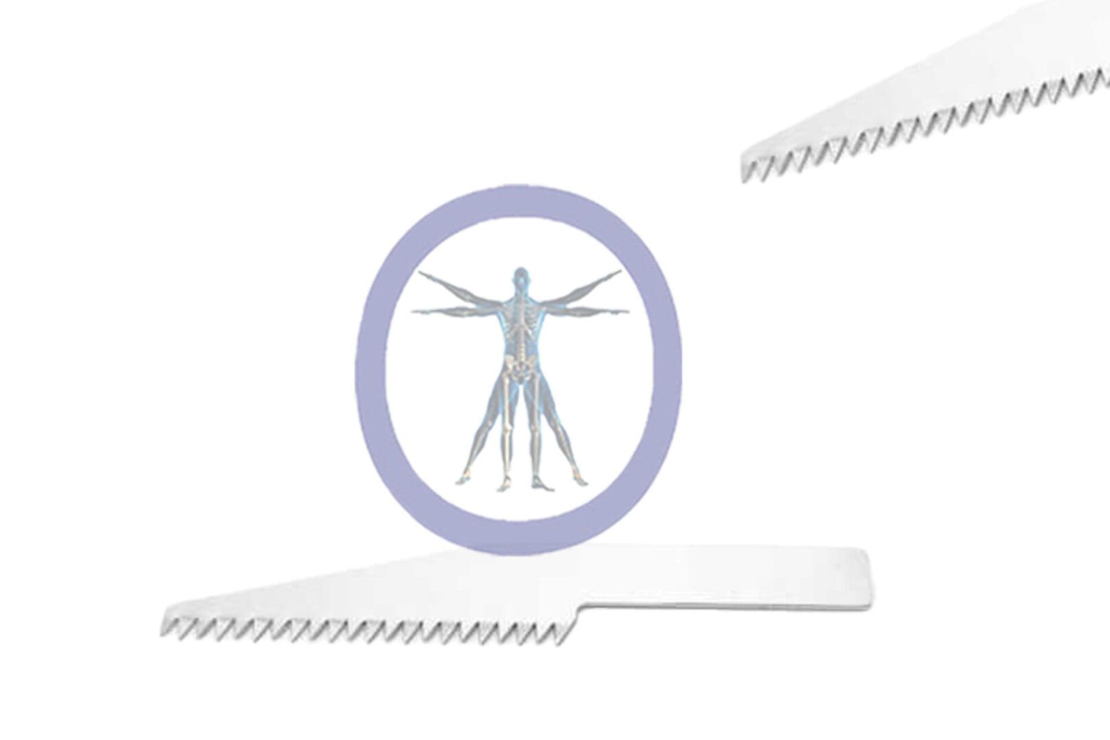 Human anatomy illustration centered within a circular frame, flanked by stylized jagged edges on either side, suggesting a mechanical context with the 26.0 MM X 0.59 MM Small Bone Reciprocating Blade Conmed Style – OSSZM-020.