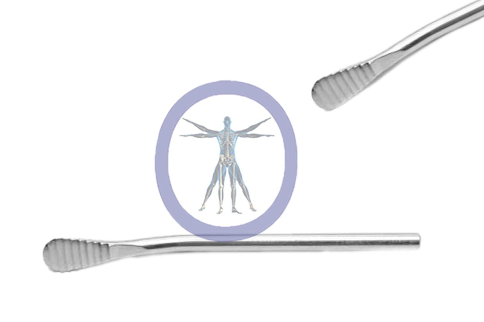 Illustration of a human anatomy diagram within a circle, flanked by two horizontal 26.0 MM X 6.5 MM X Small Bone Reciprocating Rasp Conmed Style – OSSZM-081, against a white background.
