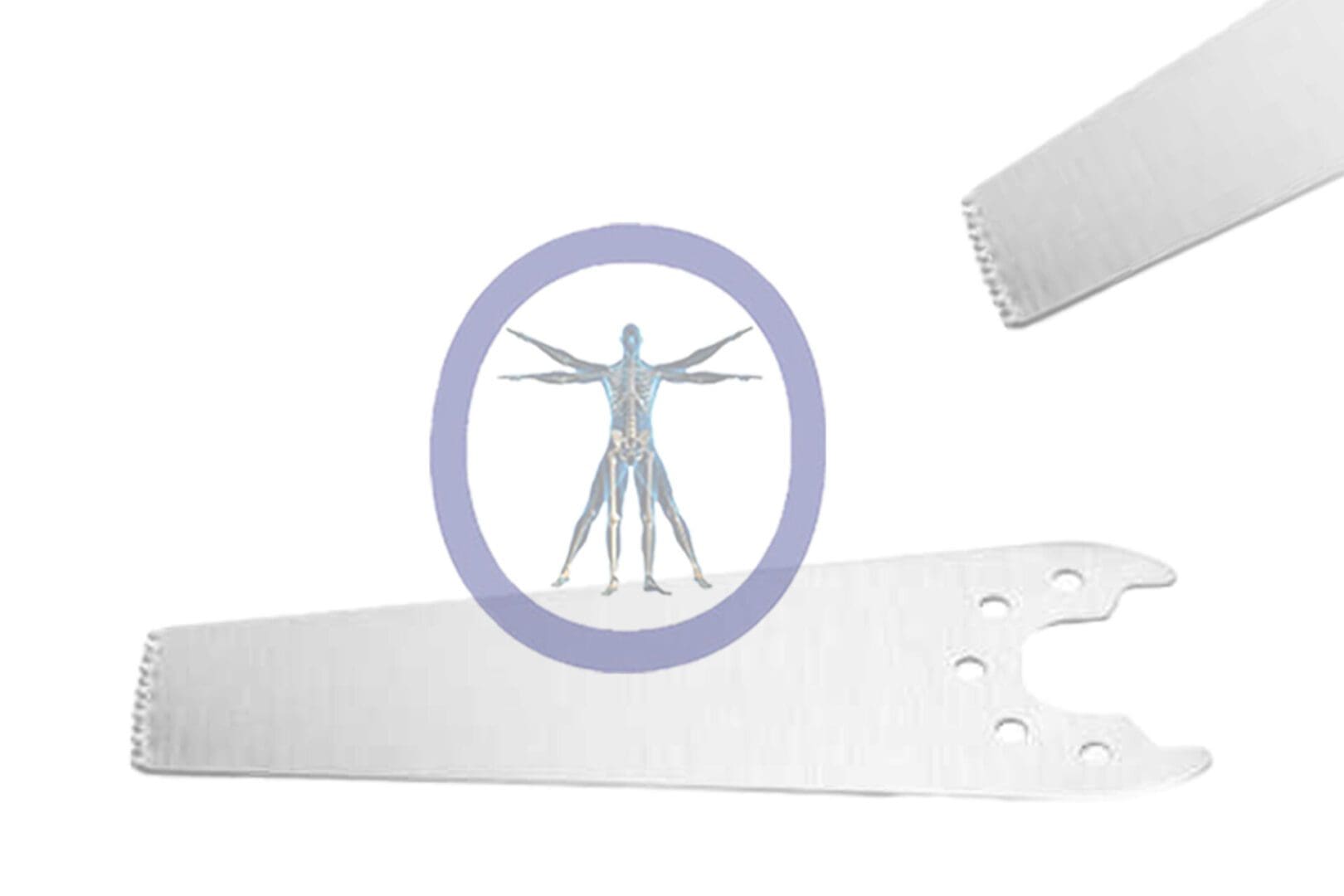 A Small Bone Sagittal Blade with an illustration of a human circulatory and skeletal system within a circular frame on its surface.