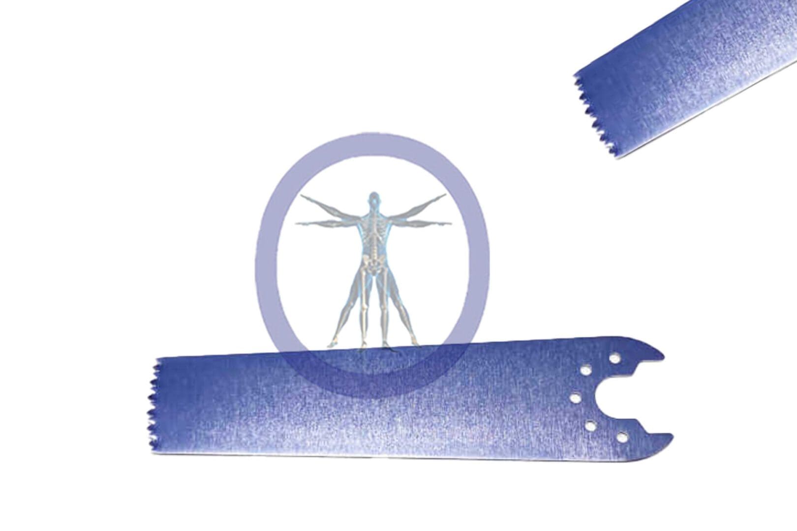 Illustration of a 65.0 MM X 14.2 MM X 0.60 MM Small Bone Sagittal Blade silhouette within a purple circle, next to a partially unrolled roll of blue fabric with a serrated edge.