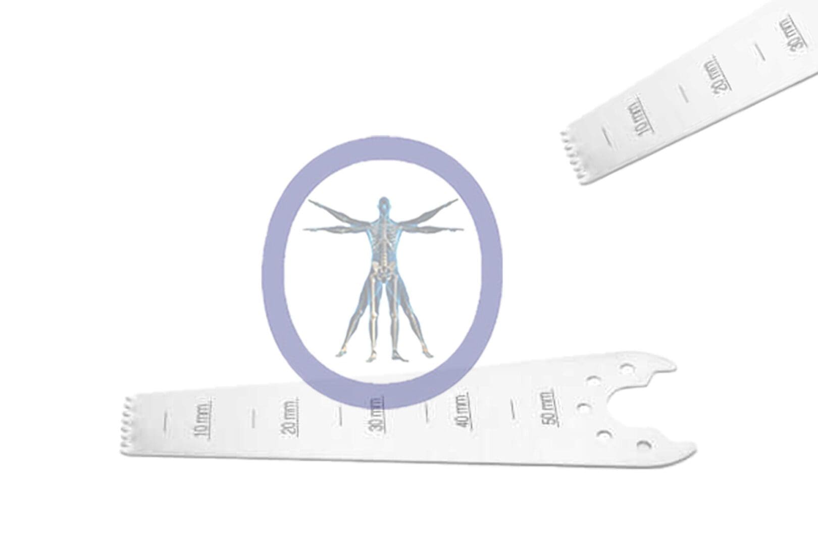 Anatomical illustration of a human body encircled by a blue ring, overlaid on a white background, flanked by two white measuring tapes featuring the 50.0 MM X 9.0 MM X 0.61 MM Small Bone Sagittal Blade – Conmed Micro Hub – OSSZMS-5009.