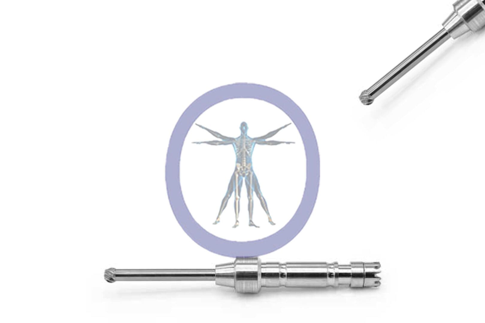 Magnified illustration of a human skeleton in a Round Bur 3.0 MM 8 Flute Carbide Osteon, with surgical tools nearby, against a white background.