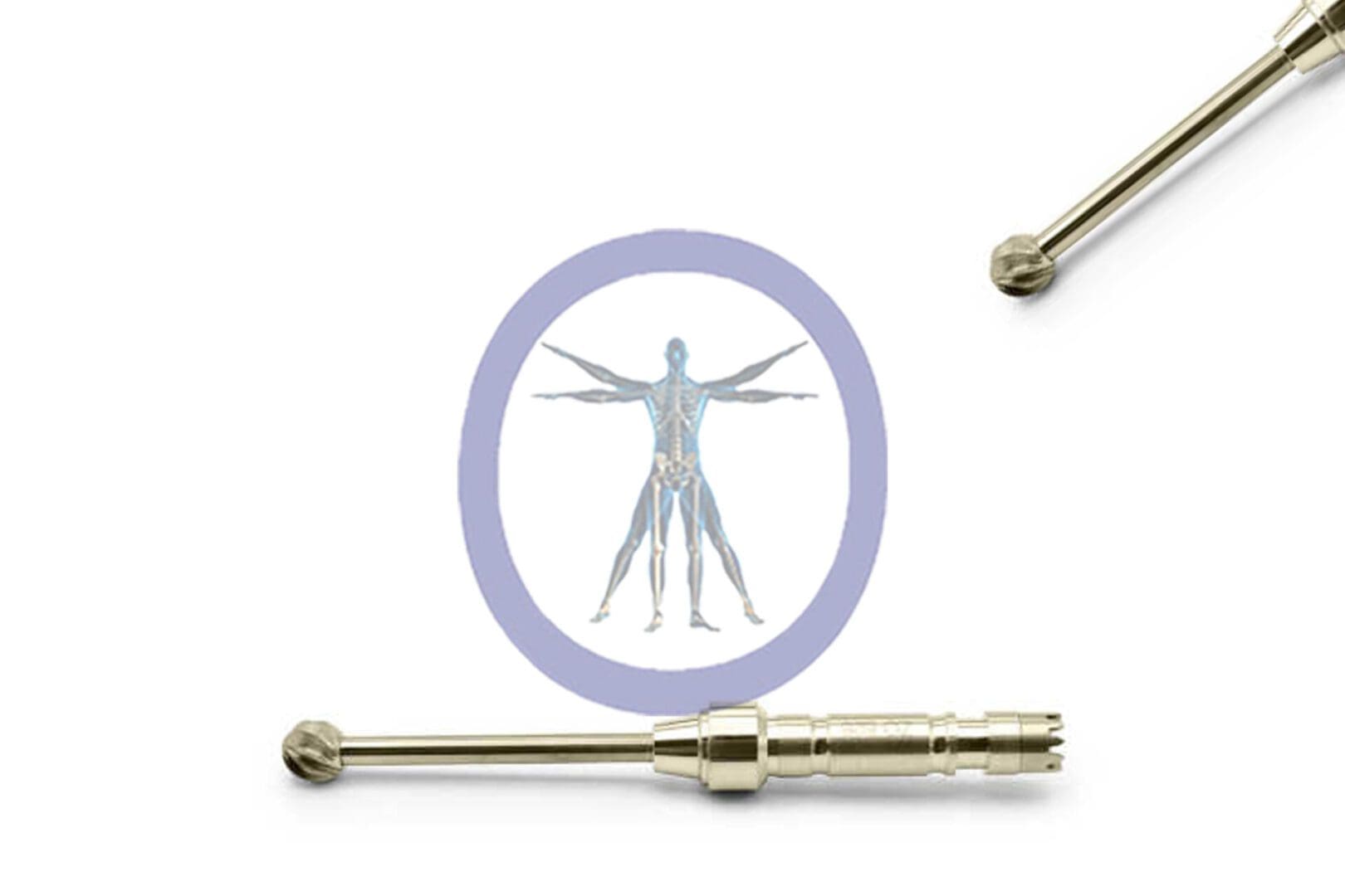 A medical tuning fork next to a Round Bur 6.5 MM 10 Flute Carbide Osteon highlighted within a circular purple frame on a white background.