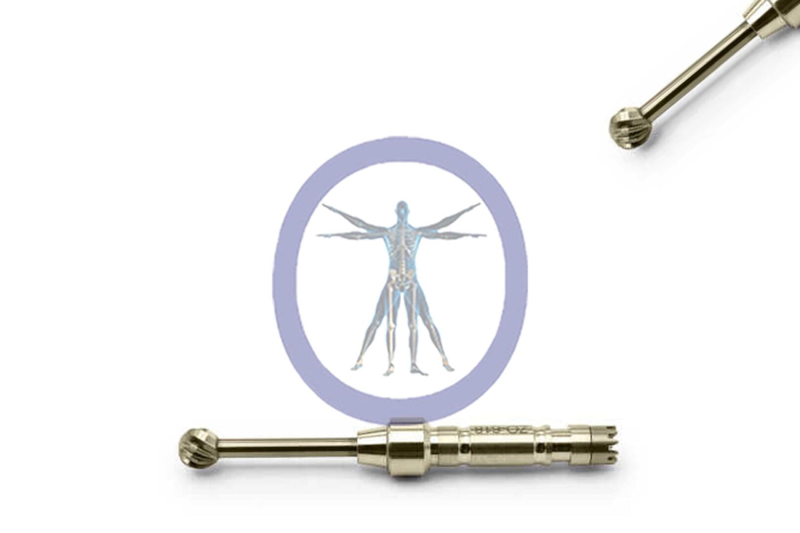 Round Bur 5.0 MM 10 Flute Carbide Osteon illustrated by Leonardo da Vinci, centered inside a purple circle, flanked by two mechanical pencils on a white background.