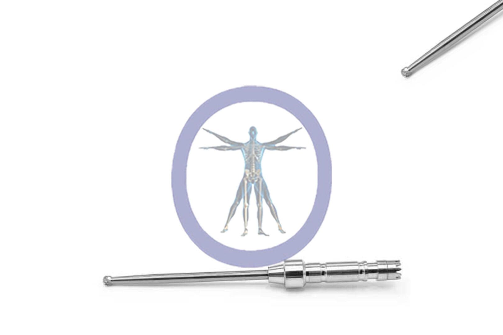 Anatomical illustration of a human figure inside a Round Bur 2.4 MM 8 Flute Carbide Osteon, displayed next to a metal medical instrument on a white background.